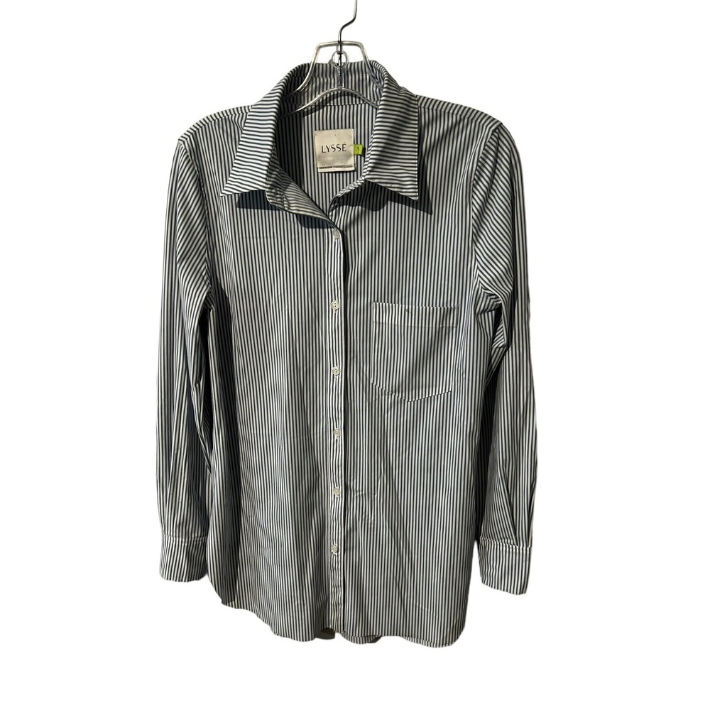 LYSSE Top Size S Gray & White Pinstripes Long Sleeve Blouse Shirt Tunic nylon